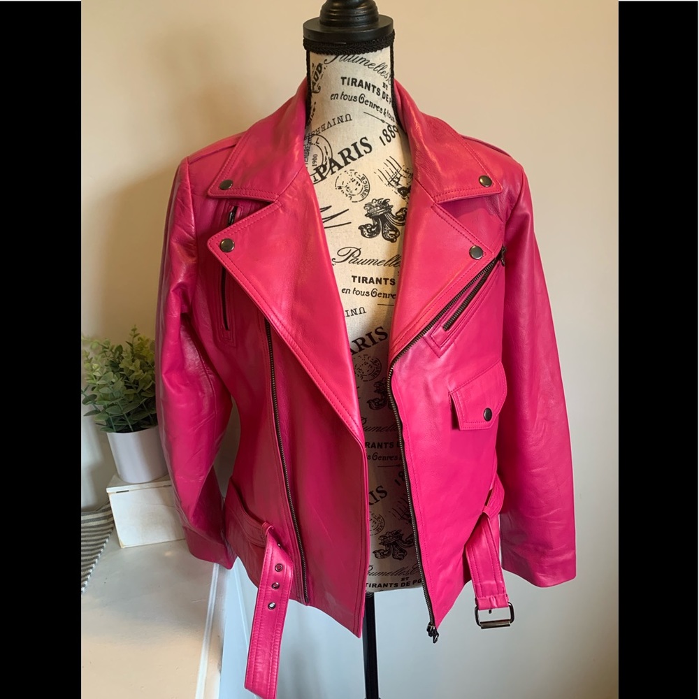 COPY - NOORA The Fashion House Hot Pink Leather Moto Jacket Size Small Like New